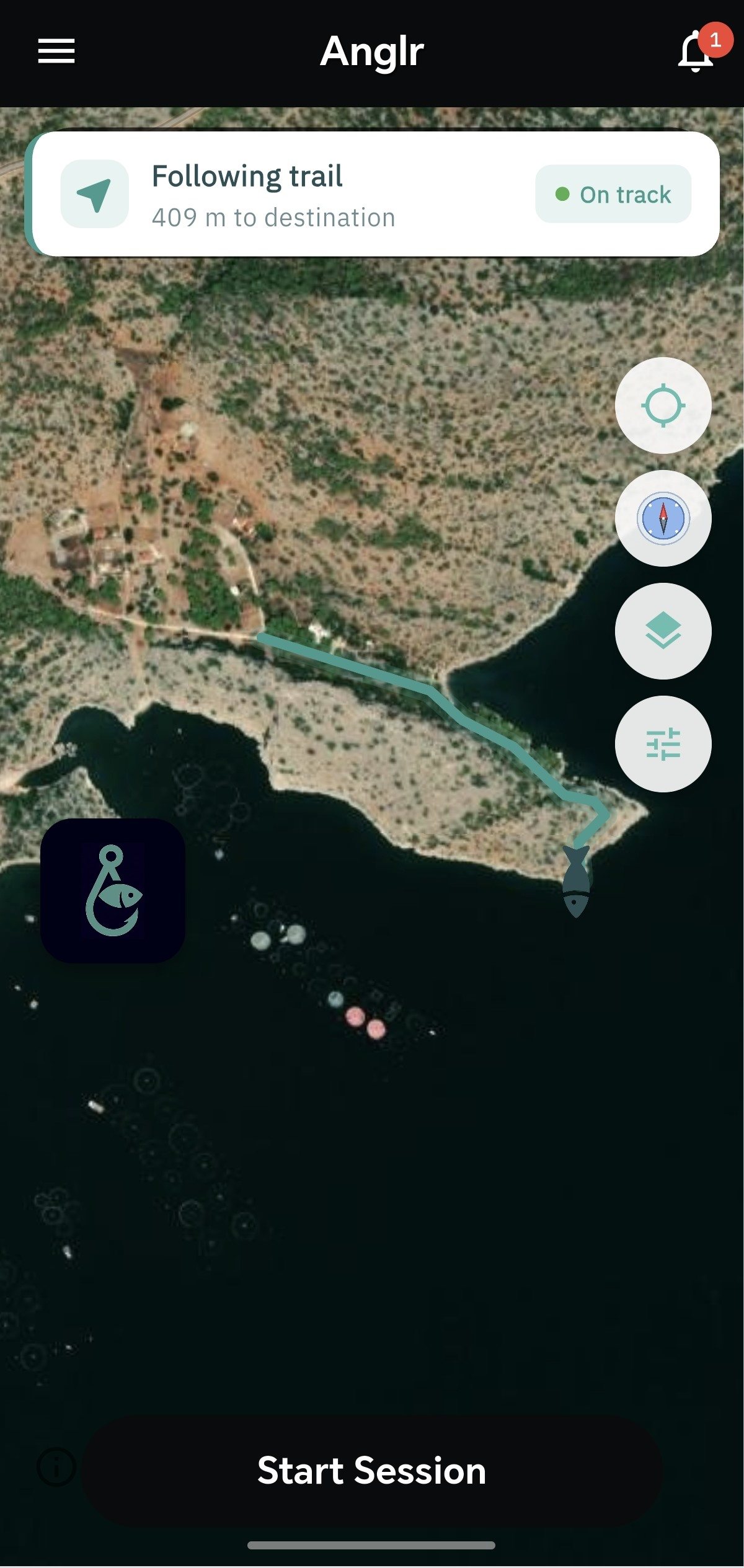 Δορυφορικός χάρτης με την καταγεγραμμένη διαδρομή σε τιρκουάζ ως το σημείο ψαρέματος και κάρτα που γράφει «Following trail, 409 m to destination, On track». Κάτω, το κουμπί Start Session.