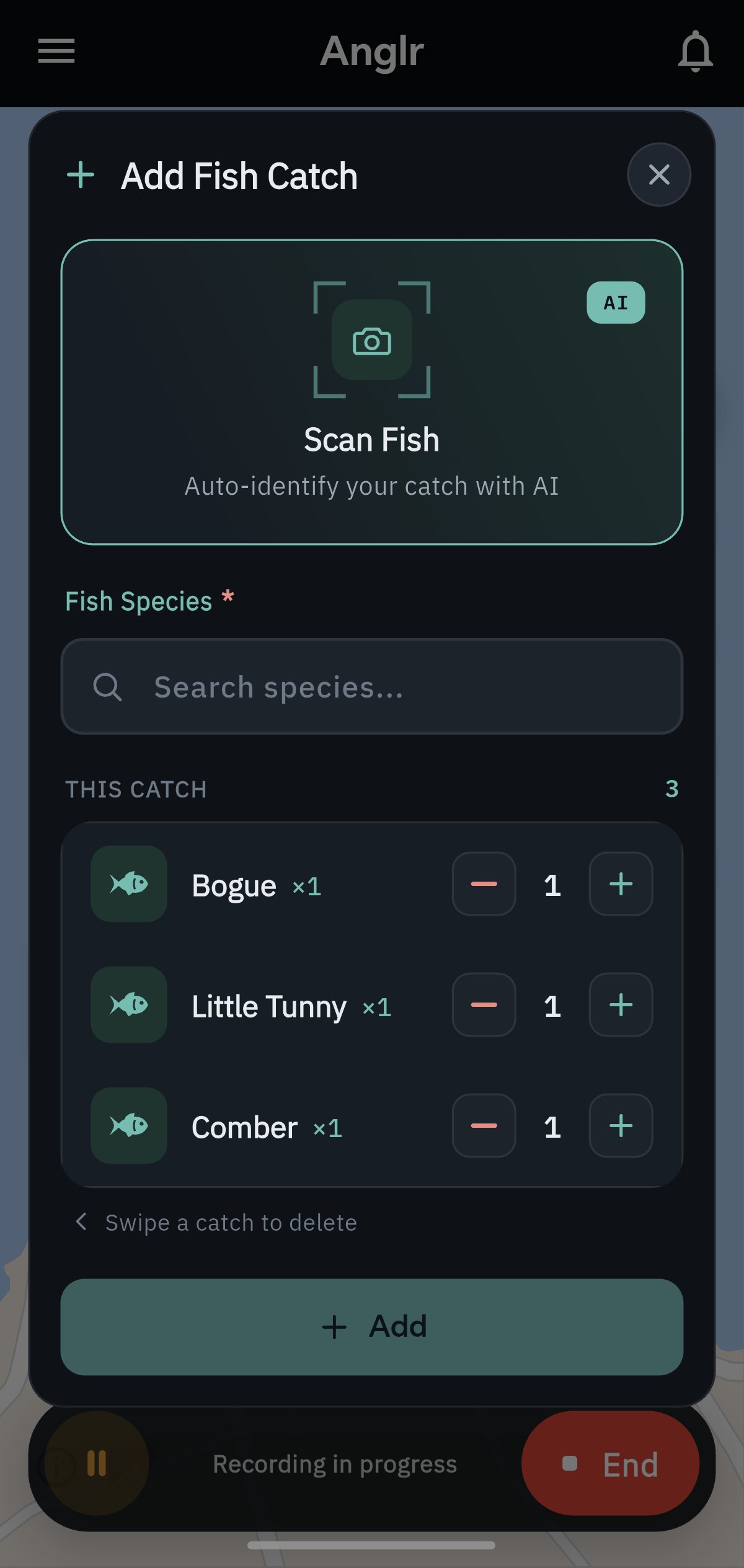 Το παράθυρο Add Fish Catch με την κάρτα Scan Fish, αναζήτηση είδους και τρία είδη, ένα ψάρι από το καθένα: γόπα, καρβούνι και χάνος. Κάτω, η καταγραφή του ψαρέματος συνεχίζεται.
